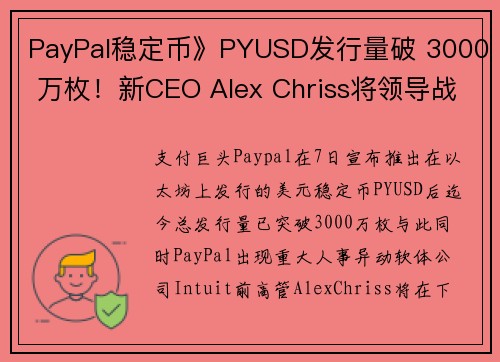 PayPal稳定币》PYUSD发行量破 3000 万枚！新CEO Alex Chriss将领导战略